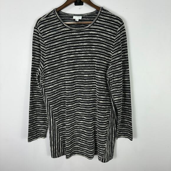 J Jill Tunic Sweater Women XL Black Stripe Knit Long Sleeve Minimalist Cozy Prep - Picture 1 of 7